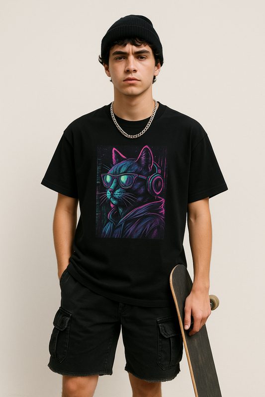 Person wearing a black t-shirt with a colorful cat graphic, holding a skateboard against a plain background