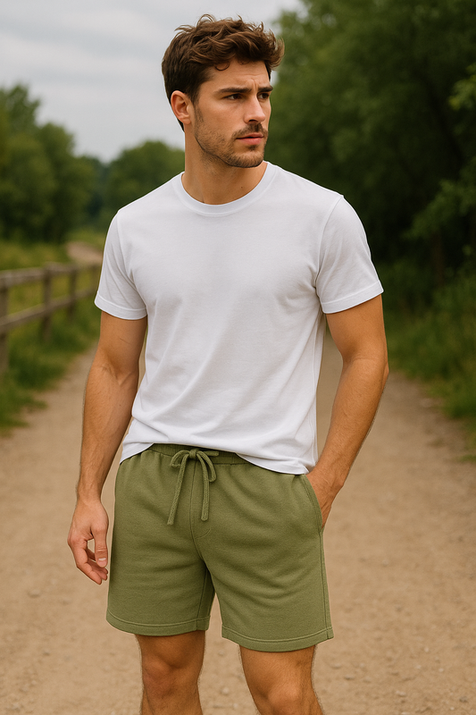 Man wearing a white t-shirt and green shorts standing on a path with trees in the background