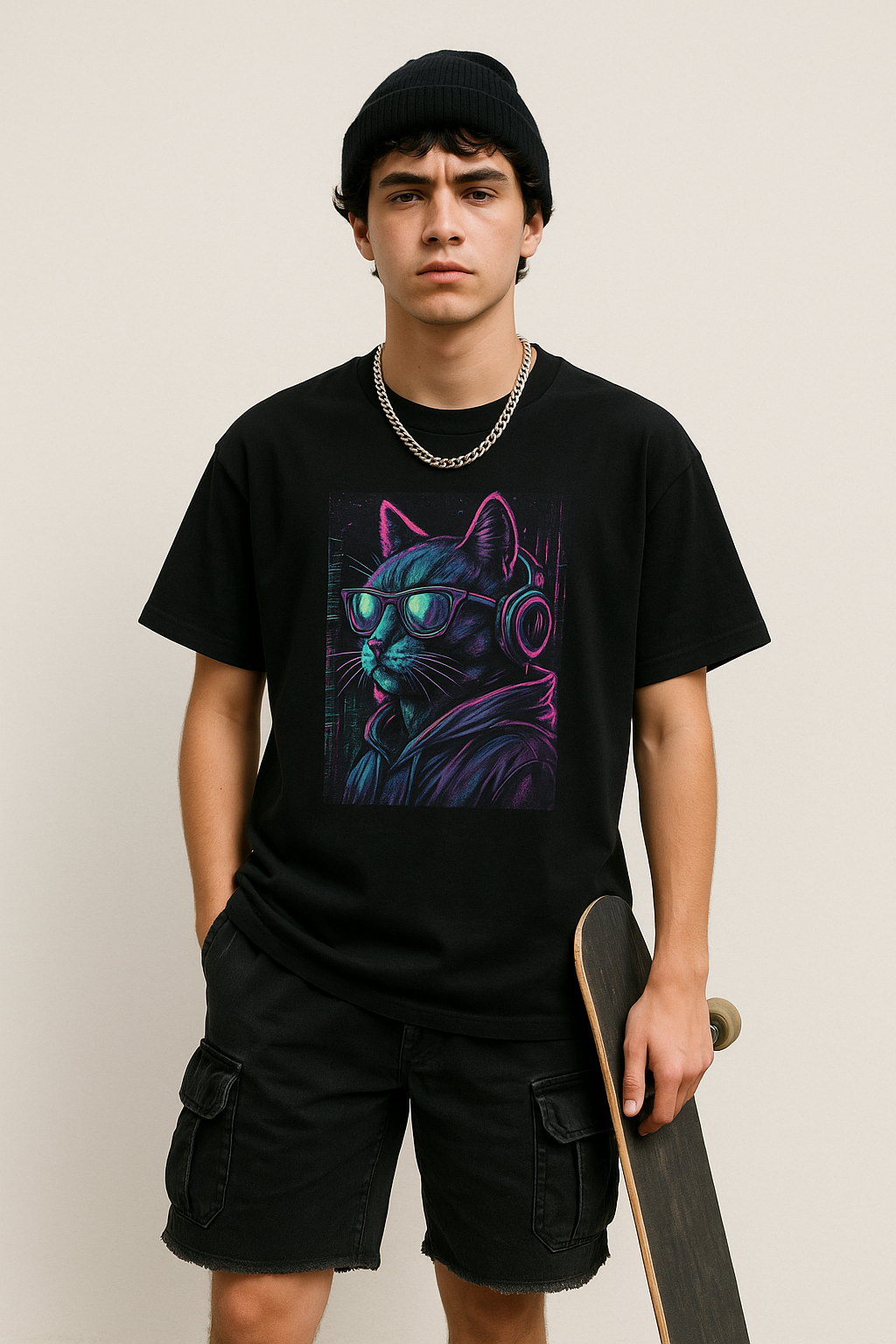 Person wearing a black t-shirt with a colorful cat graphic, holding a skateboard against a plain background