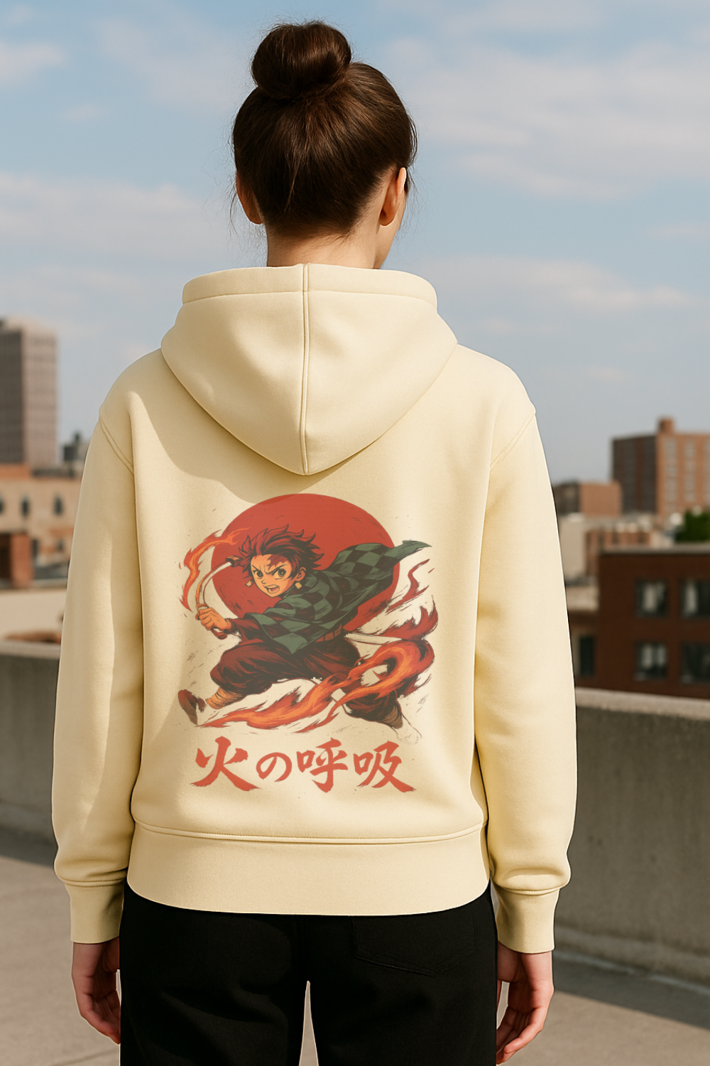 Person wearing a beige hoodie with a graphic design on the back, standing on a rooftop with a cityscape in the background.