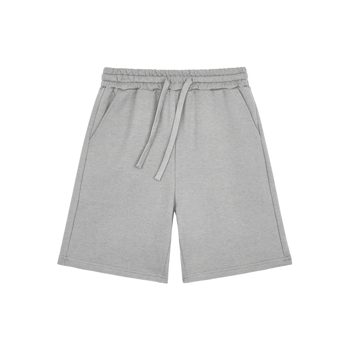 Gray shorts with a drawstring on a white background