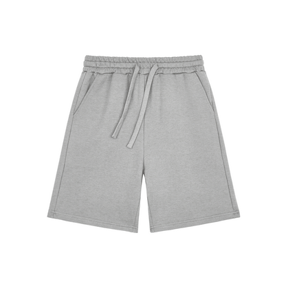 Gray shorts with a drawstring on a white background