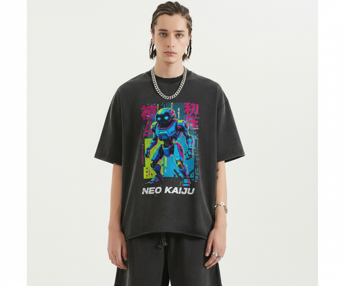 Person wearing a black t-shirt with 'Neo Kaiju' graphic design on a white background