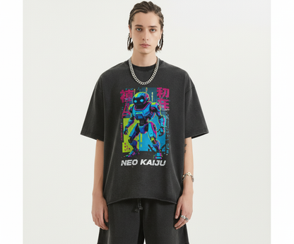 Person wearing a black t-shirt with 'Neo Kaiju' graphic design on a white background